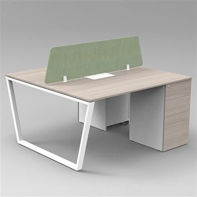 Dual Workstation With Slanted Metal Frame, Side Storage & Upholstered Screen