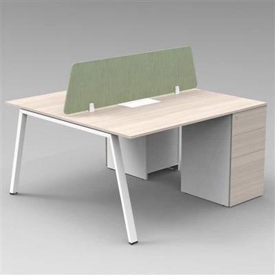 Shared Office Desk With Angled Metal Legs, Storage Cabinet & Upholstered Screen